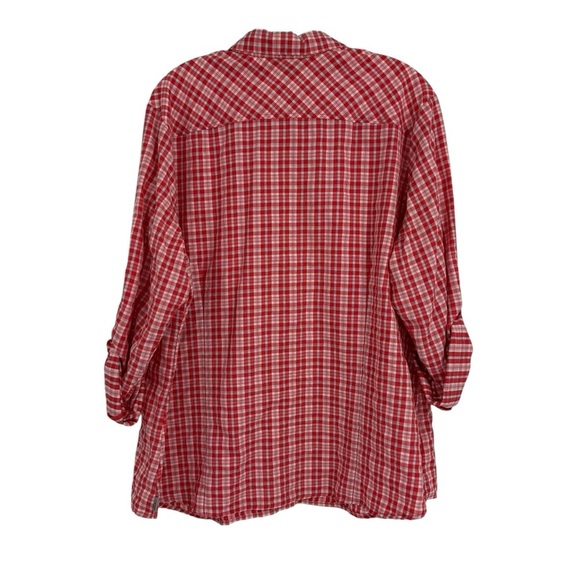 Eddie Bauer Women’s Nylon Camp Shirt Size 2X Red Plaid Roll Tab Button Up - Picture 2 of 9